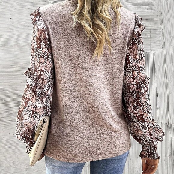 Coffee Brown Casual Women's Crew Neck Floral Blouse - Picture 2 of 7